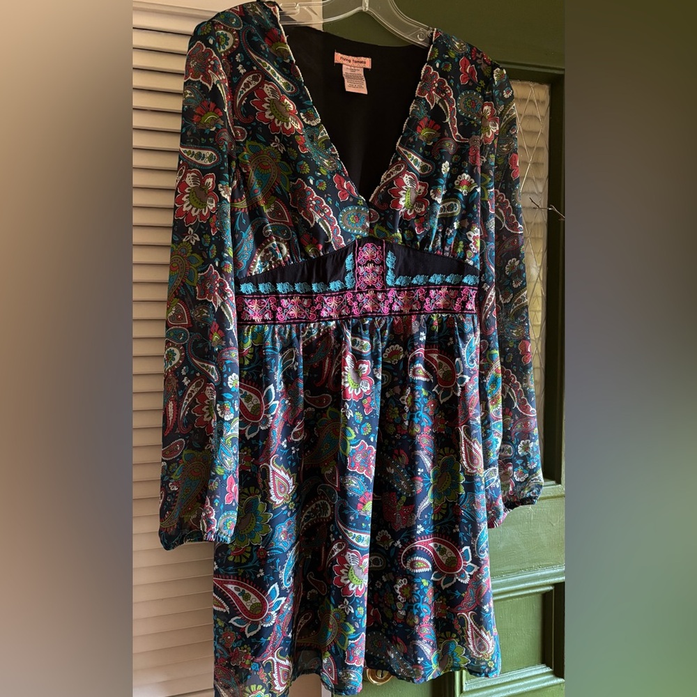 Flying Tomato Dress Womens LARGE Colorful Paisley Embroidered LONG SLEEVE
